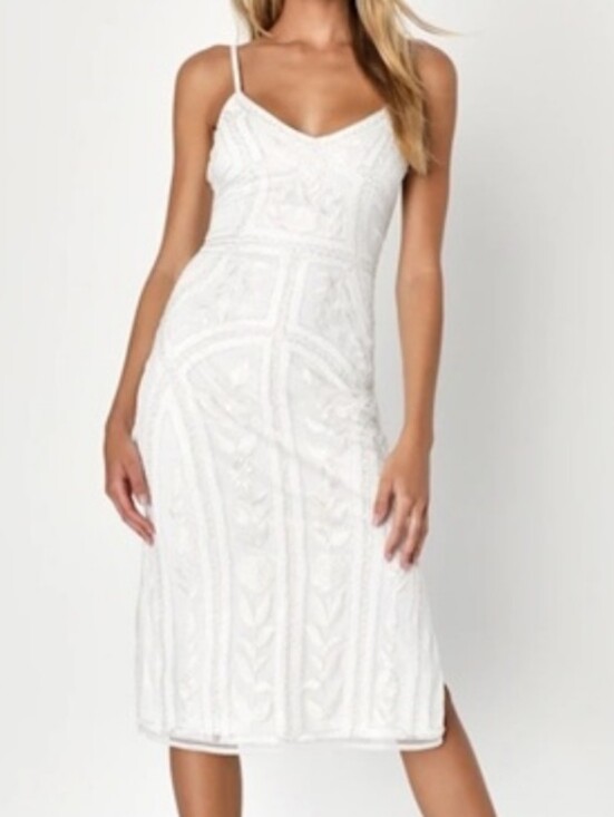 Lulus Dresses & Skirts - Lulu's White Beaded Spaghetti-Strap Midi Dress Glam Embellished Vacation Wedding